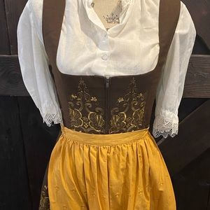 Vintage Dirndl Brown dress with yellow stitching